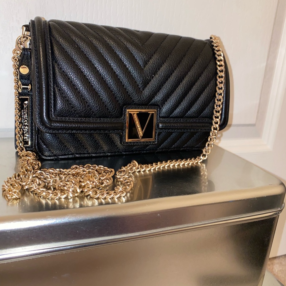 Victorias Secret Black Chevron Crossbody with Gold Chain